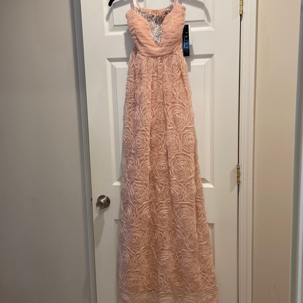 Strapless rose patterned prom dress